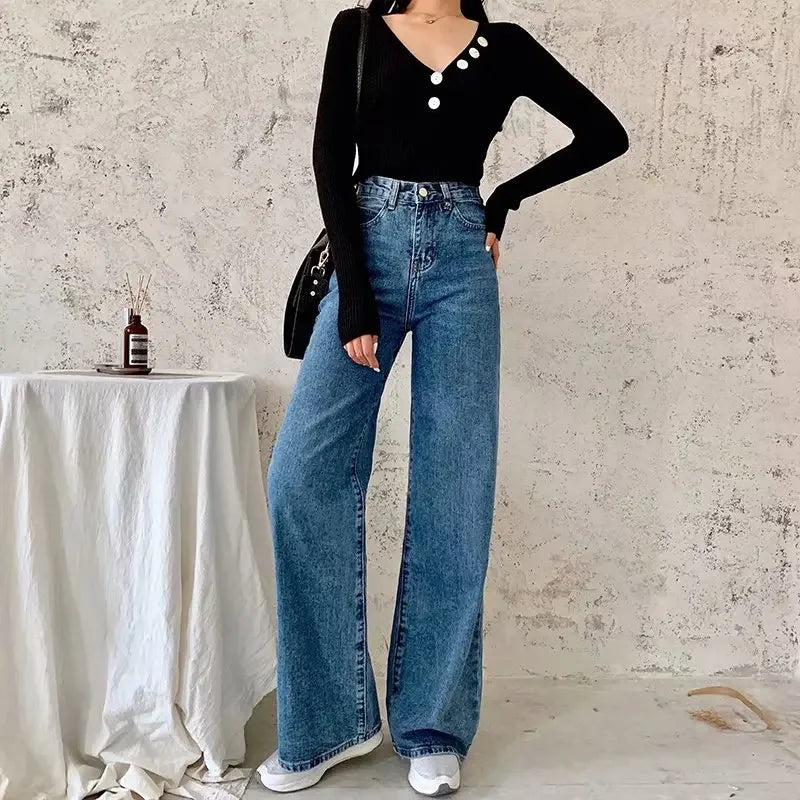 nvxiot - High Waist Solid Color Wide Leg Jeans Spring Autumn New Retro Style Women Street Style Classic Slim Pants Lady Straight Denim