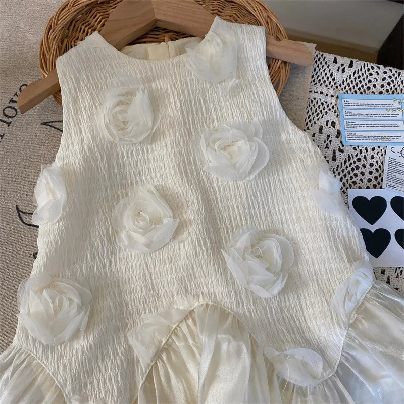 MQTIME - 2024 Summer Young Baby Girl Sundress Cotton 3D Rose Toddler Girl Princess Dress Korean Mesh Spliced Sleeveless Little Girl Dress