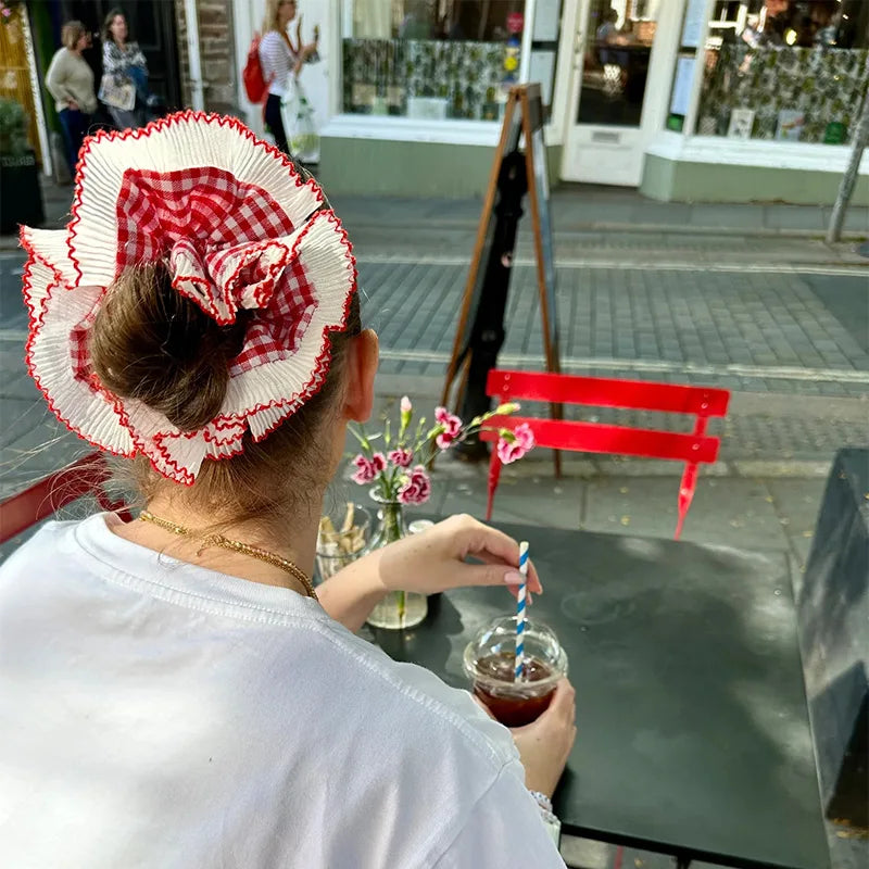 nvxiot - Retro Korean Flower Lace Scrunchies Four Layer Women Girls Exquisite Elastics Plaid Large Intestine Hair Holder Sweet INS Access