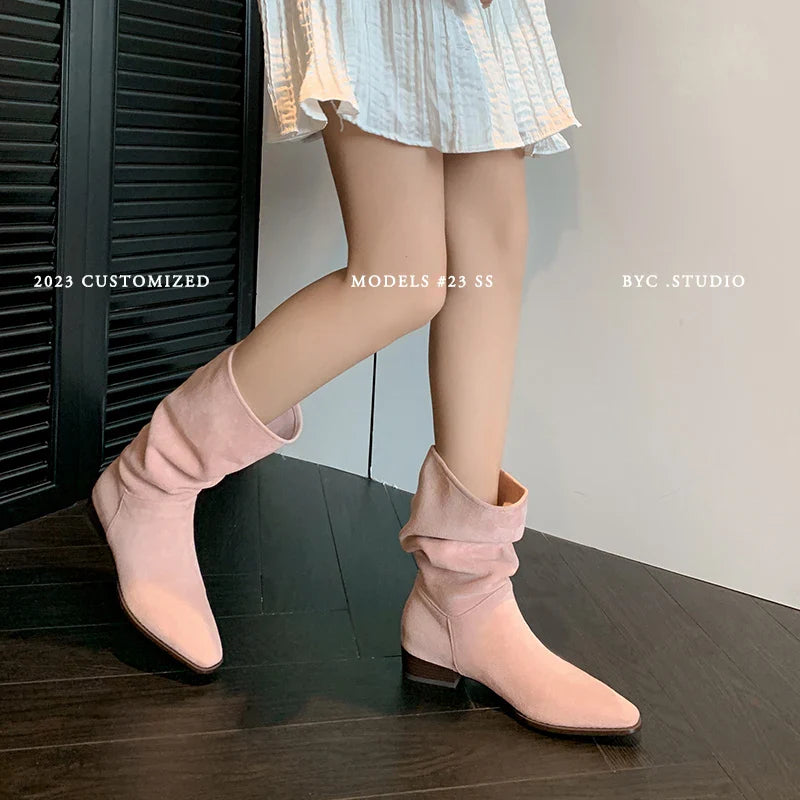 MQTIME - new Autumn winter women mid-calf boots plus size 22-26.5cm Elastic fabric+ cowhide Elastic boots pointed toe modern boots