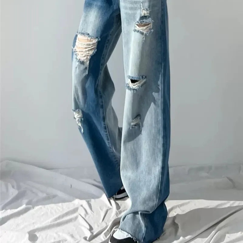 nvxiot - Perforated High Waisted Jeans For The 2023 Summer Women'S New Design Sense, Slim And Popular Straight Tube Blue Washed Wide Leg