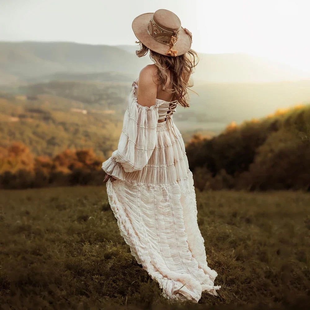 nvxiot - Photography Dress For Women Apricot Elegant Chiffon Lace Long Sleeved Dress Two-Piece Set Maternity Photo Shoot