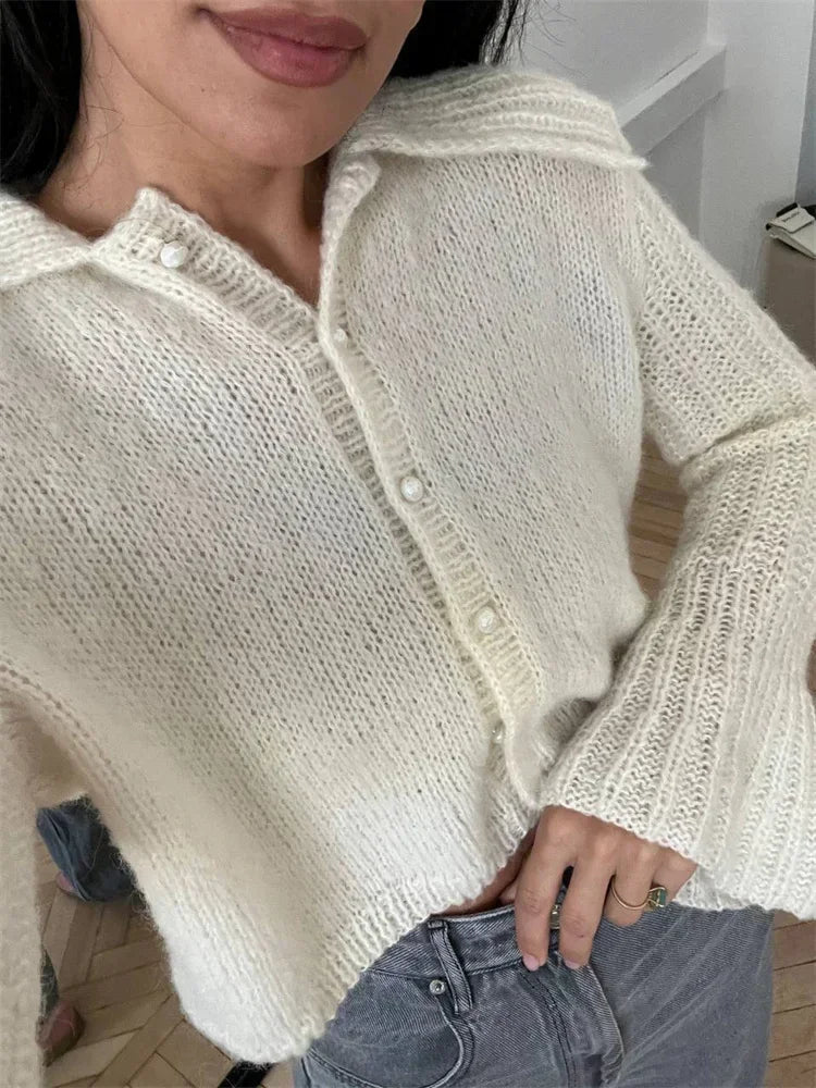 nvxiot - Women's Autumn Sweater Cardigan Casual Long Sleeve Pleated High Waist Loose Cropped Coat Female Y2k Top Solid Cardigan
