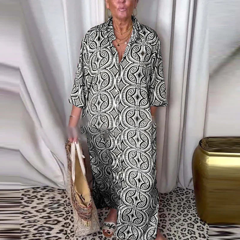 MQTIME - Casual Single Breasted Bohemian Dresses Vintage Pattern Printed Loose Shirt Dress Office Ladies Lapel Long Sleeved Party Dress