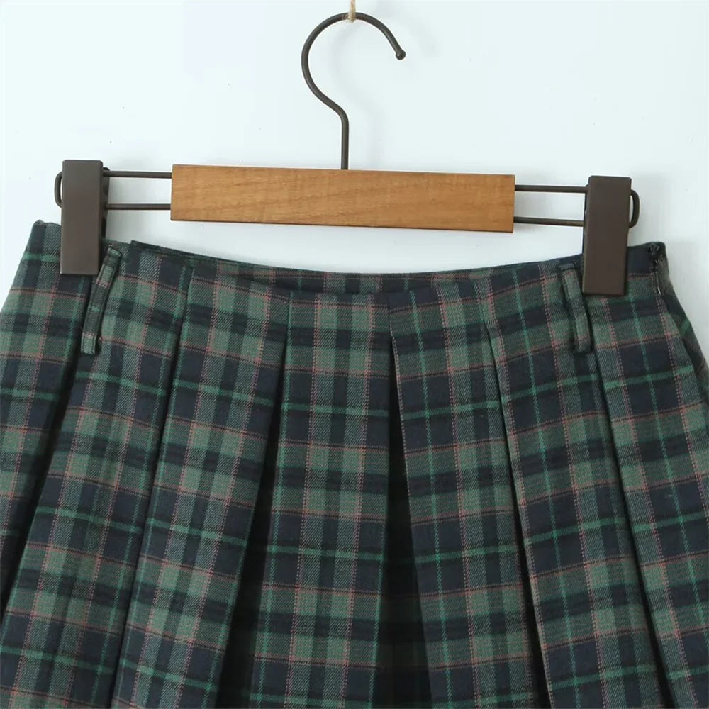 MQTIME - 2024 Summer New Product Women's Retro Slim Fit Temperament Anti Shining A-line Mid Waist Plaid Half skirt