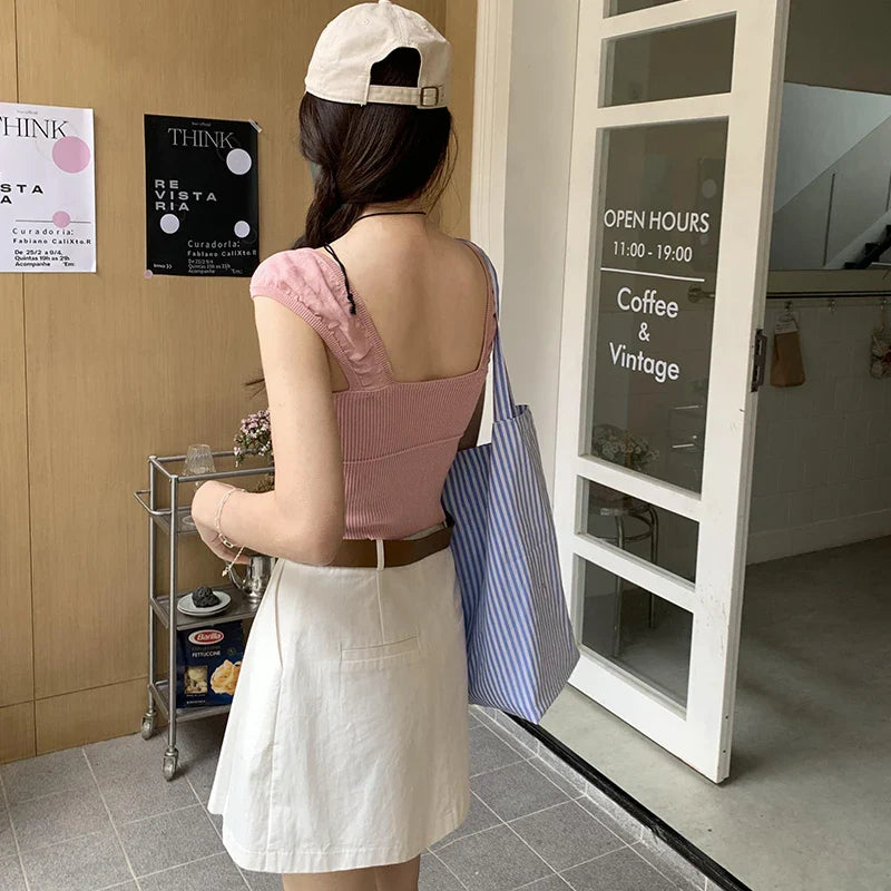 nvxiot - Desire Style Tie Knitted Tank Top for Women 2024 Spring/Summer New Design Sense Short Sweet and Spicy Sexy Sling