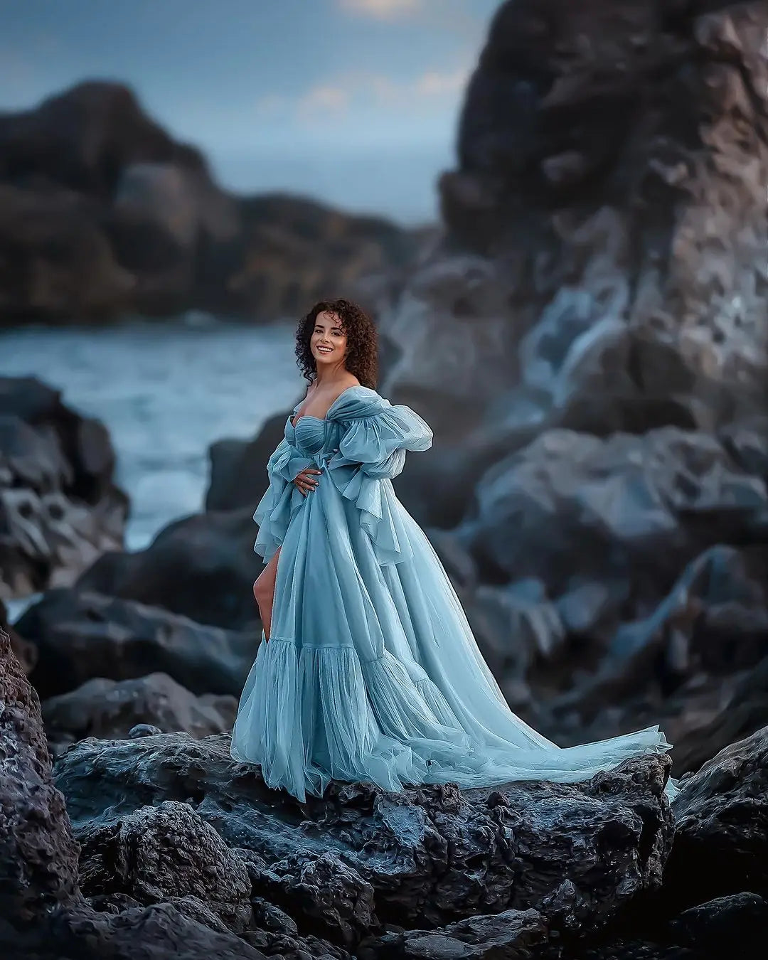 nvxiot - Pretty Blue Maternity Photography Dresses Fluffy Tulle Tiered Long Sleeves Pregnant Woman Maternity Gown Photography Dress 2024
