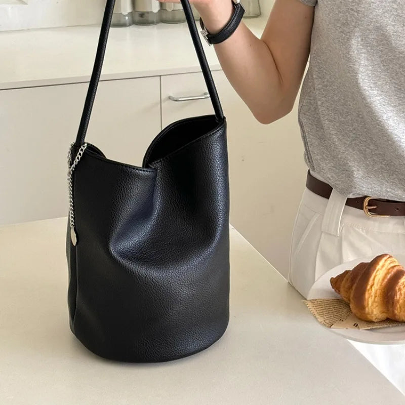 nvxiot - Fashion Shoulder Bag for Women Simple Black Casual Pu Leather Bucket Bag Elegant Korean Style Exquisite New Ladies Handbag