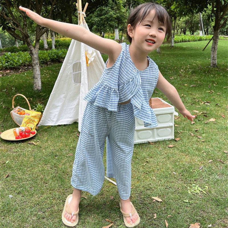 nvxiot 2pc Girls Clothing Set Summer Girls Cute Ruffles Plaid Vest Tops And Wide Long Pants Trousers Set With Pant Children Clothes