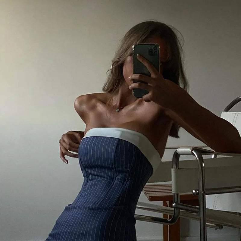 nvxiot - Sexy Short Skirt Summer Striped Short American Retro Girl Fashion Fishbone Stitching Female Hot Tube Top Vintage Y2k 2022 New