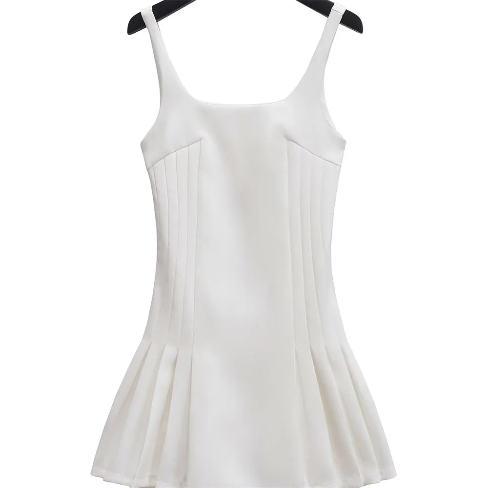 MQTIME - Summer 2024 European and American Women's New Sexy Backless Square Neck Suspender Bottom Wide Pleated Short Skirt Mini Skirt