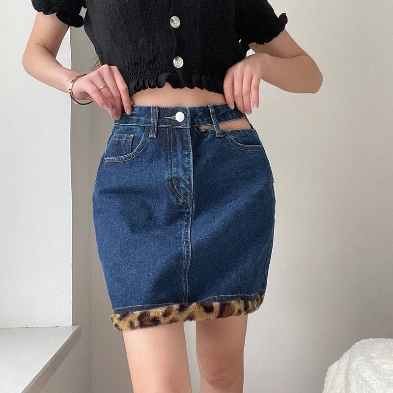 nvxiot - Fashion Blue Denim Skirt Female 2024 Leopard Print Frayed Design Sense Hollow Hole High Waist Slim Bag Hip Skirt Women Clothes