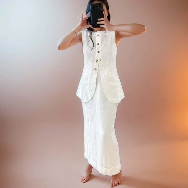 MQTIME - Women Vintage Buttons Vest Set Fashion Sleeveless Square Collar Waistcoat Blouse White High Waisted Skirt Commuting Work Clothes