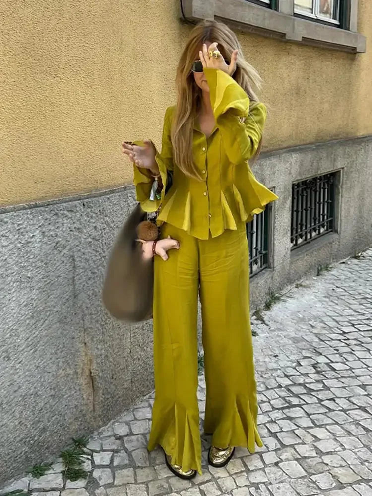 nvxiot - Elegant Solid Trumpet Pants Shirt Set Women Fashion Lapel Buttons Flared Long Sleeves Shirt Pants Suit Chic Lady Street Outfits