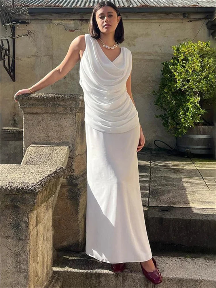 nvxiot - Sexy V-Neck 2 Piece-Set Long Skirt For Women Fashion Sleeveless Pullover And High Waist Maxi Skirt Sets Women's Outfits