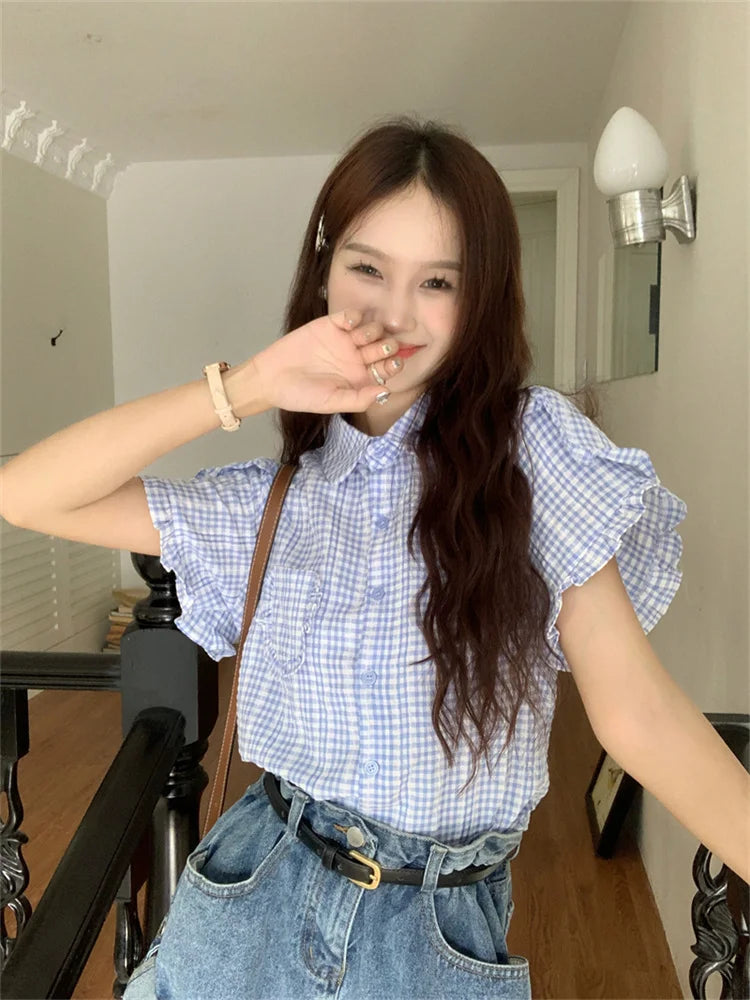nvxiot - Japanese Style Short Sleeved Shirt for Women Spring Summer New Small Figure Niche Plaid Top Sweet Girls Blouse Cute Y2k Blusa