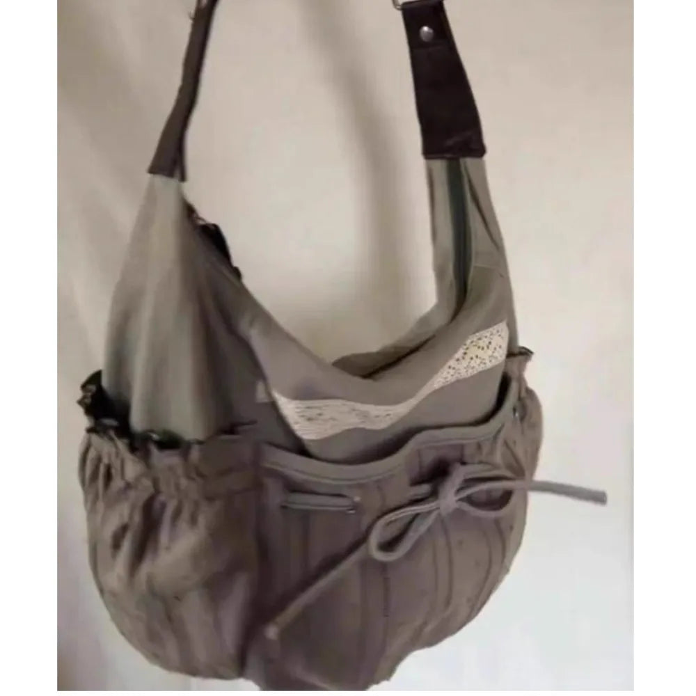 nvxiot - Sweet Cool Bow Canvas Shoulder Bags Women Vintage Drawstring Chic Casual Crossbody Bag Ladies Retro Messenger Bag Bolsos