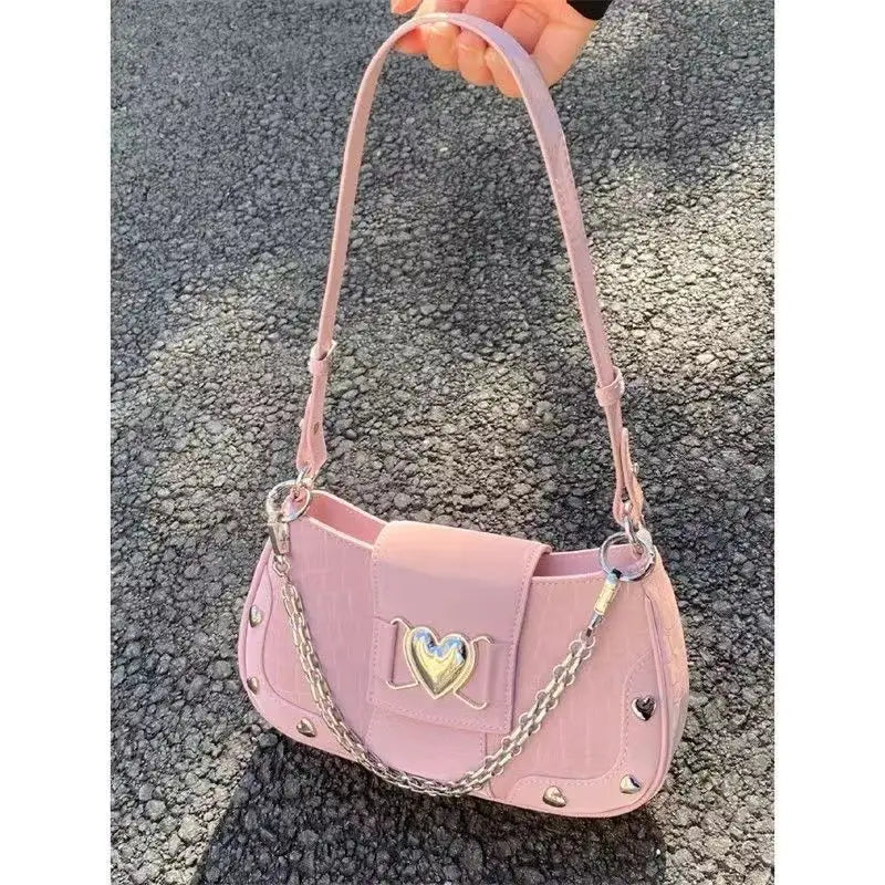 nvxiot - Hot Grils Y2k Handbag Women Vintage Sweet Cool Heart Chain Pink Underarm Bag Female Fairycore Aesthetic Shoulder Bag new