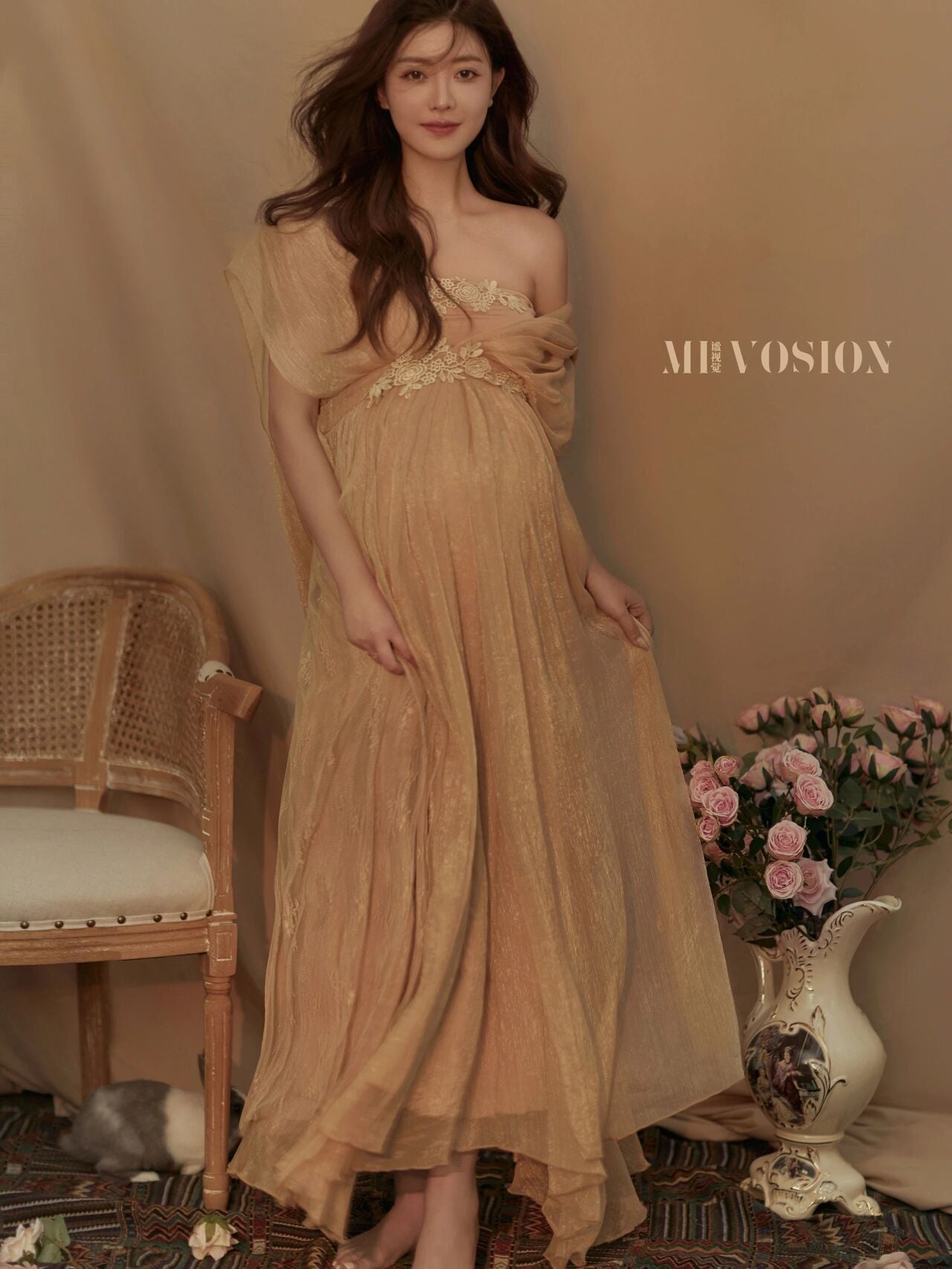 nvxiot Pure Pregnant Women's Photo Clothing New Aesthetic Fairy High Setting Champagne Gauze Pregnant Mother's Dress Retro Sweet