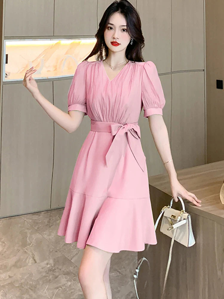 MQTIME - Summer Pink Short Sleeve V-Neck Mini Dress Women Green Elegant Chic Ruffled Mermaid Dress 2024 Solid Bodycon Party Evening Dress