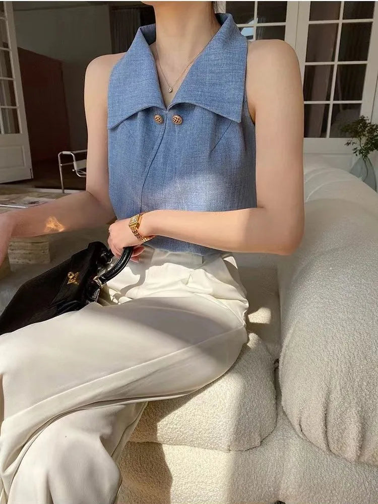 MQTIME - Temperament Lapel Blouse Women Sleeveless Off Shoulder Blue Shirts Office Lady Formal Elegant Fashion Tops Summer Chic