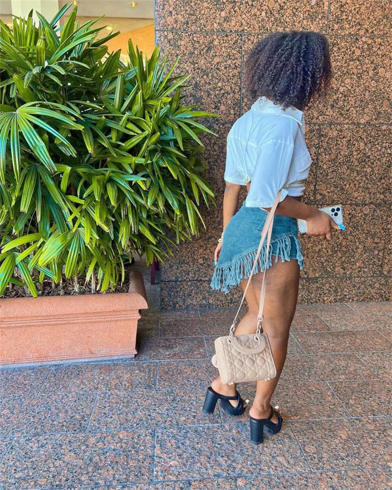 nvxiot - Asymmetrical Tassel Apron Jeans Shorts Women Slim High Waist Button Fly Zipper Denim Culottes Female Fashion Casual Streetwear