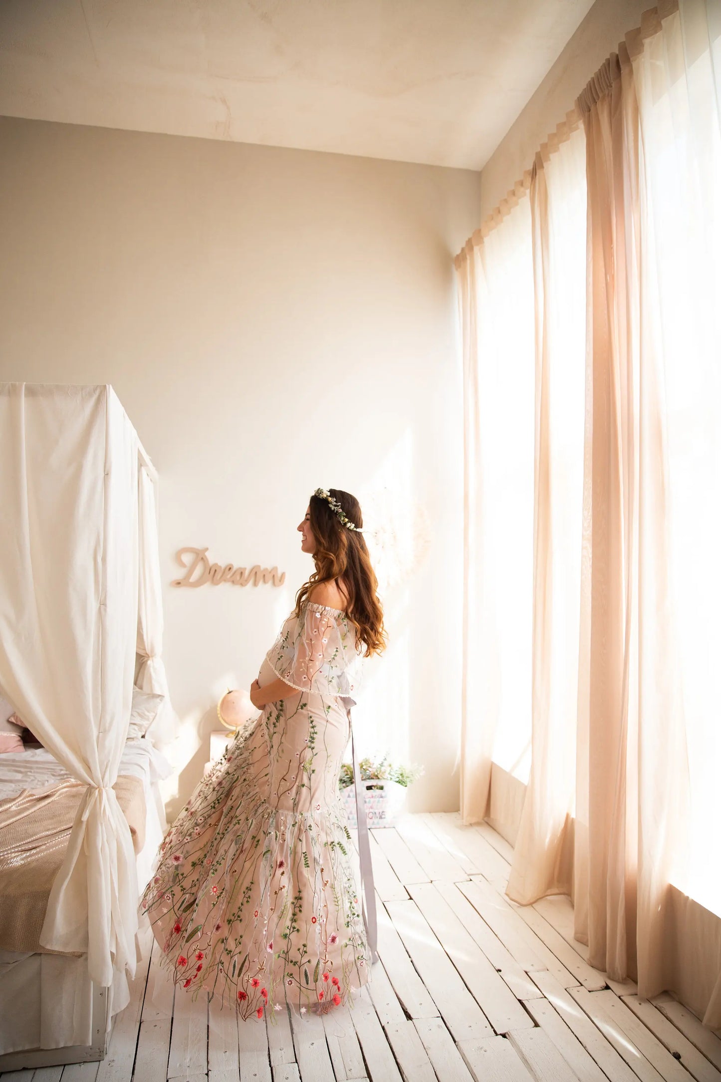 nvxiot - Embroidered Floral Bride Maternity Dress for Photoshoot Wedding Guest Baby Shower Pregnancy Dress Robes for Women