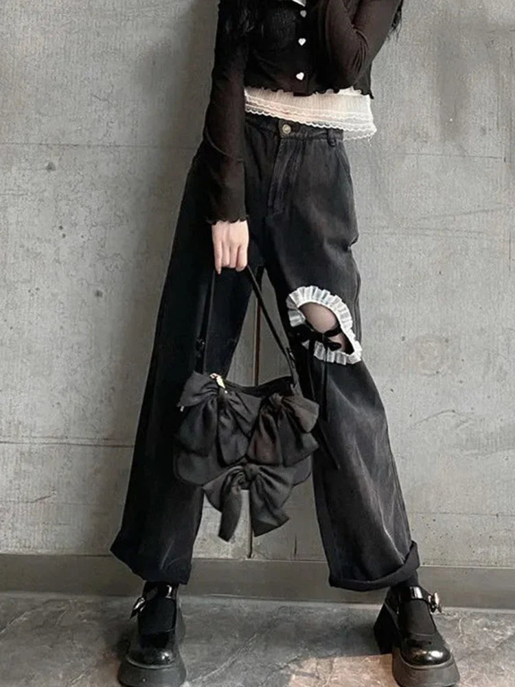nvxiot Ripped jeans women's high waist wide leg pants summer new design sense bow Spice girl straight casual floor moping pants