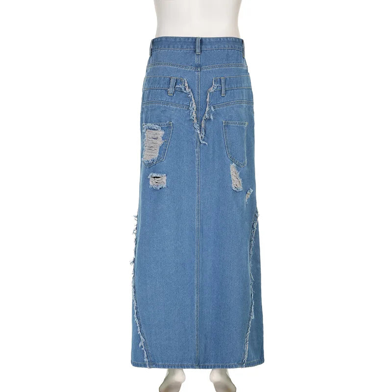 nvxiot - Tassel Hole Denim Maxi Skirts Women High Waist Button Fly Split Ripped Long Jeans Skirt Fashion Casual Streetwear Bottoms