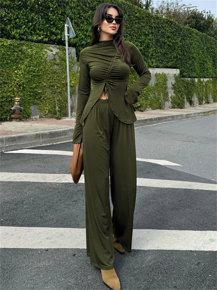nvxiot - Fall Outfits 2024 Pleated Lace-Up 2 Piece-Set Casual Trousers Slim Long Sleeve Cropped Top And Patchwork Trousers Sets Female Pants Sets New