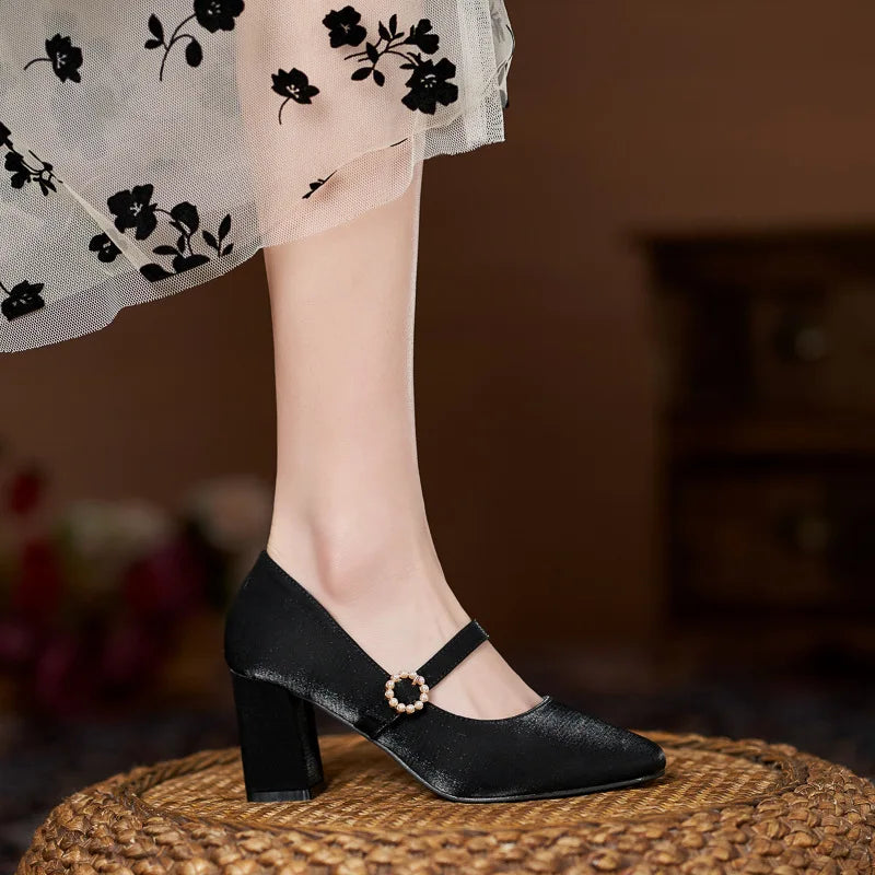 MQTIME - Vintage Pearl Buckle Thick-Heeled Silk Satin High Heels Mary Jane Shoes for Women Chunky Heels Pumps Woman Shoes Fat Wide Feet