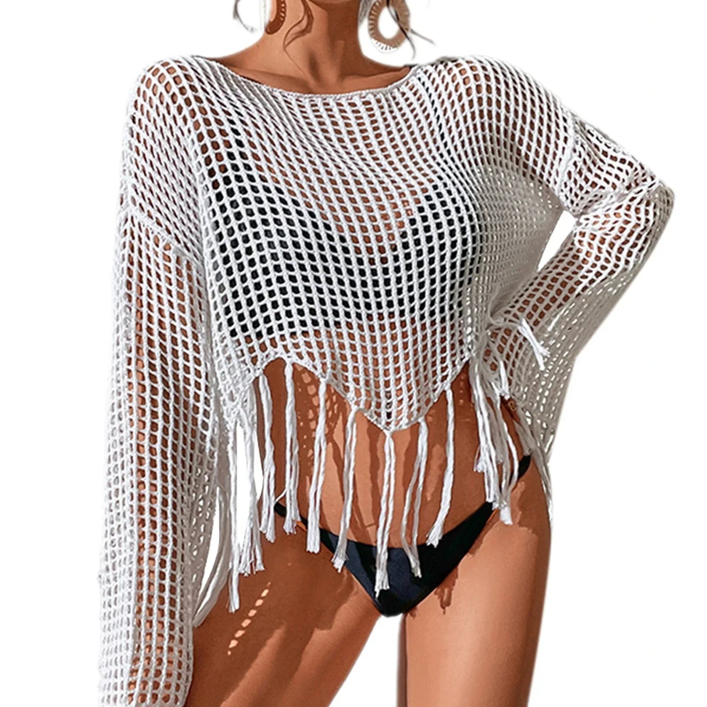 MQTIME - See Through Hollow Out Bikini Cover Ups Women Beachwear Flared Long Sleeve Tassel Smock Crop Tops Swimsuit Cover-Up
