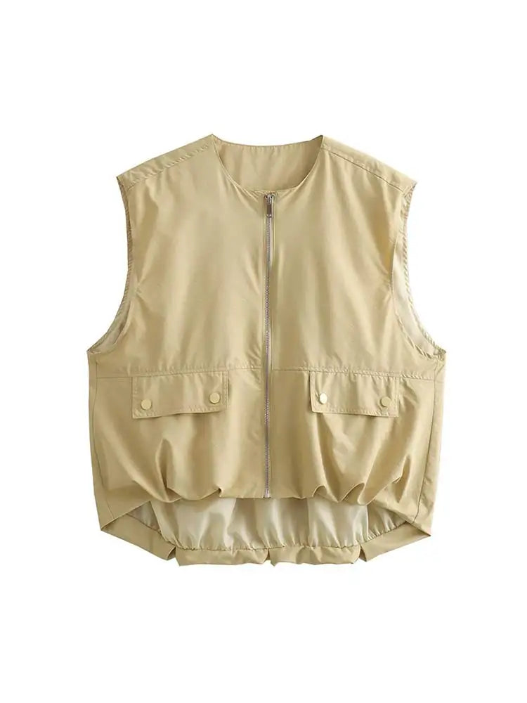 MQTIME - Fashion Zipper Pocket Sleeveless Vest Women Elegant Round Neck Loose Short Waistcoat Casual 2024 Autumn New Lady Street Tops