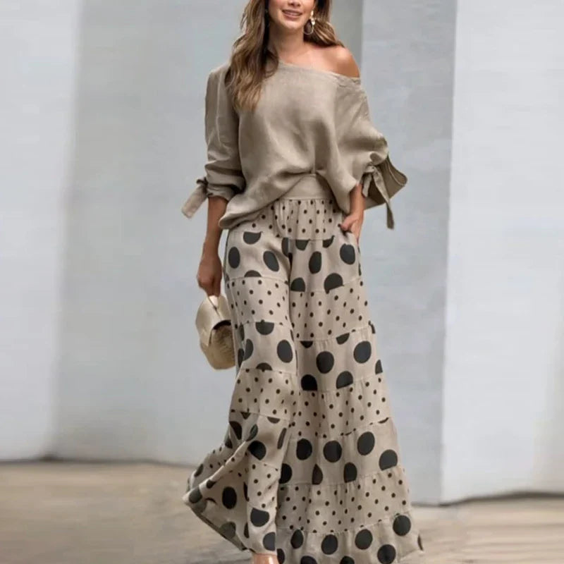 MQTIME - Fashion High Street Outfits Casual Diagonal Neck Hollow Top with Wide Leg Pants Sets Summer Loose Polka Dot Printed Women Suit