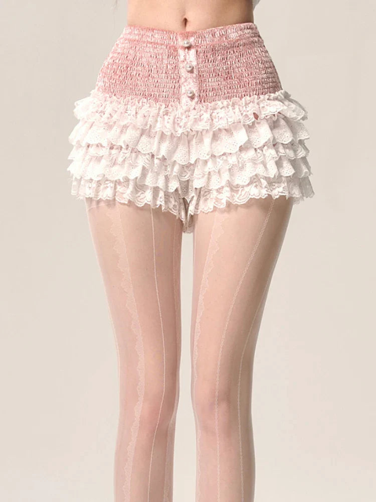 MQTIME - Pink Pearl Ruffles Shorts Skirts Women Kawaii A-line Shorts with Lace Ballet Cutecore Summer Sweet Girl Elastic Bottoms
