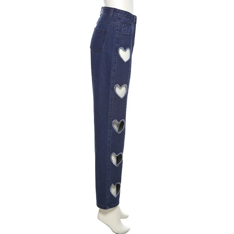 nvxiot - Y2K Heart-shaped High-waist Straight-leg Cut-out Ripped Jeans Women's Korean Slim-fit Trousers Casual Pants Streetwear Summer