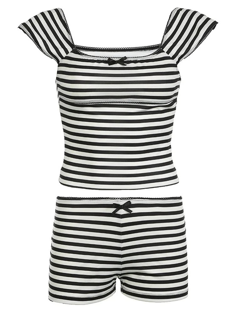 MQTIME - Stripe Contrasting Shorts Sets For Women 2 Pieces Square Neck Spliced Bow Tank Top Casual Y2K Slim Outfit Streetwear