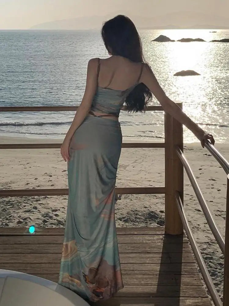 nvxiot - Summer Holiday Blue Print Two-piece Set Women Backless Spaghetti Strap Short Tops + High Waist Pleated Long Skirts Suit Bohemian
