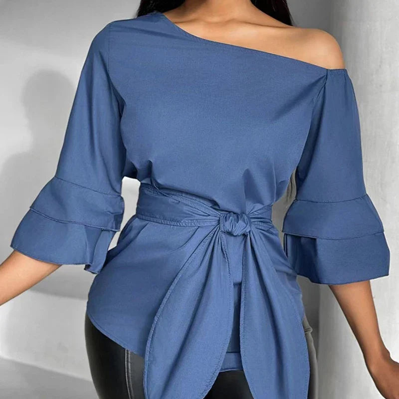 nvxiot - New Spring Casual Flared Sleeve Commuting Shirt Women's Loose Solid Color Pullover Fashion Diagonal Neck Bow Tie Up Top Blouses