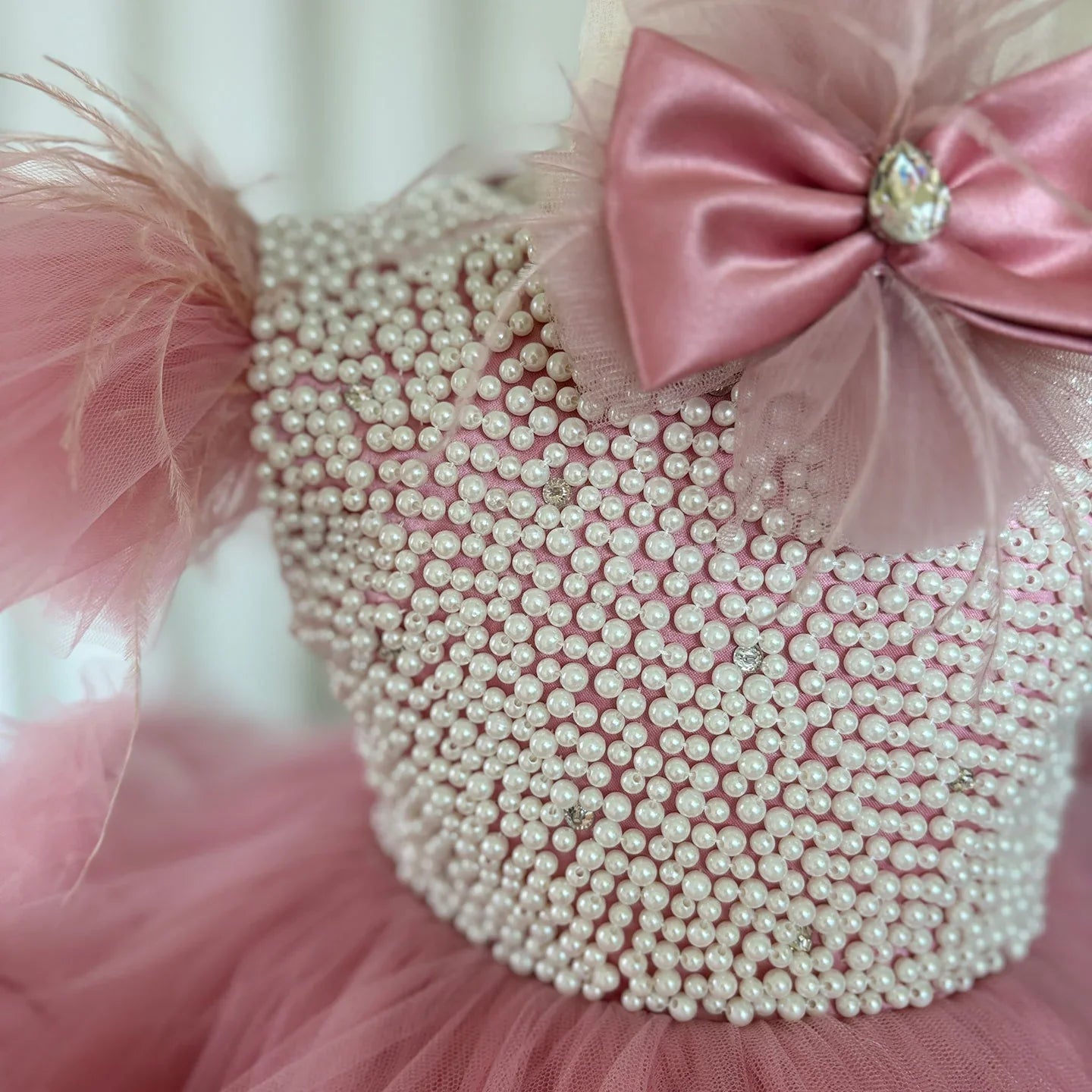 MQTIME - Gdybao Elegant Flower Girl Dress Pink Pearls Princess Baby Kids Wedding Birthday First Communion Ball Gown 2024