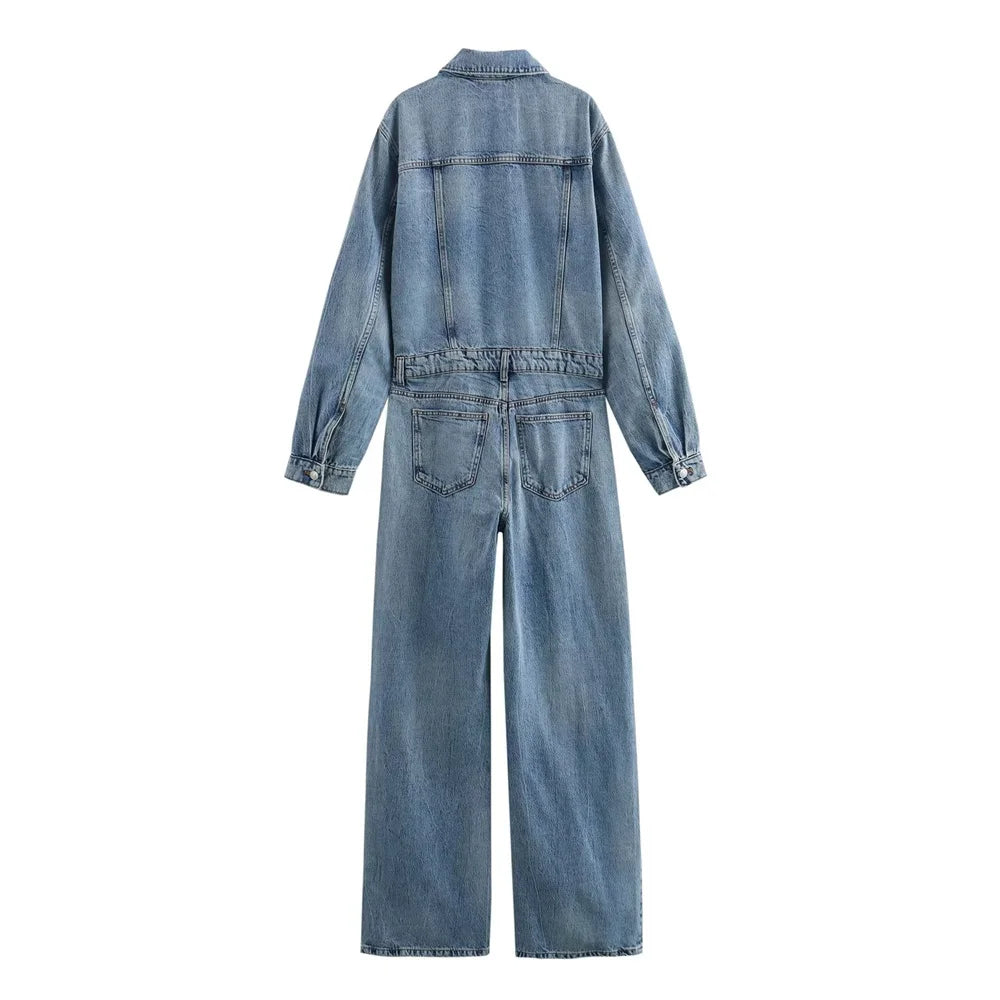nvxiot - 2024 Summer New Women's Retro Polo Collar Long sleeved Washed Effect Patch Bag Decoration denim jumpsuit