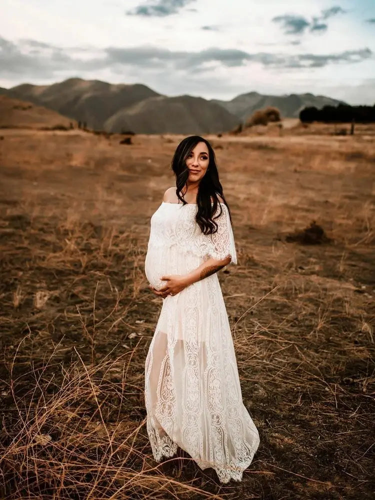 nvxiot - Maternity Photoshoot Dress Stylish Maternity Lace Maxi Dress with Off-Shoulder Design for Photography Sessions