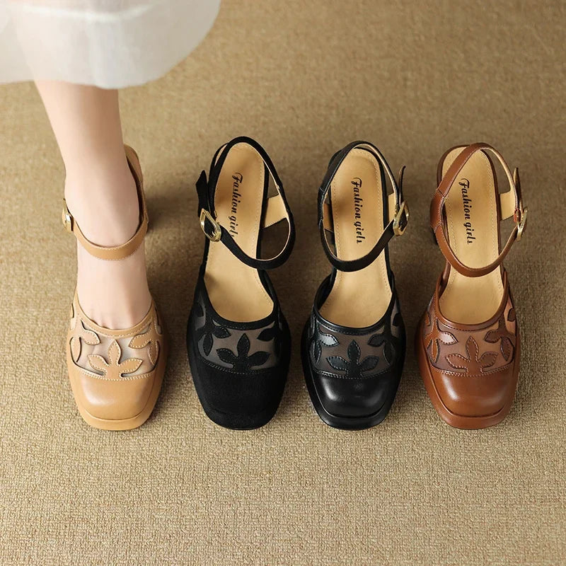 MQTIME - 2024 new summer women sandals natural Leather shoes 22-24.5cm cowhide/Sheep suede+pigskin full leather Hollow flower high heels