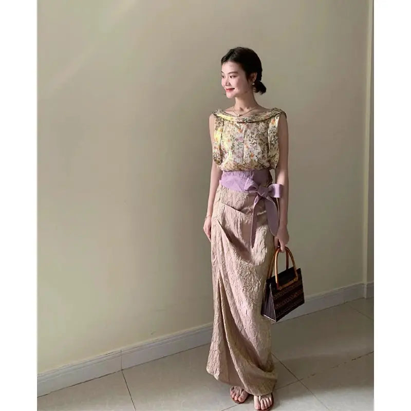 MQTIME - French Vintage Printed Sleeveless Top Ladies Elegant Style Slimming Lace up Long Skirt Set Summer Two Piece Sets Women Outfits