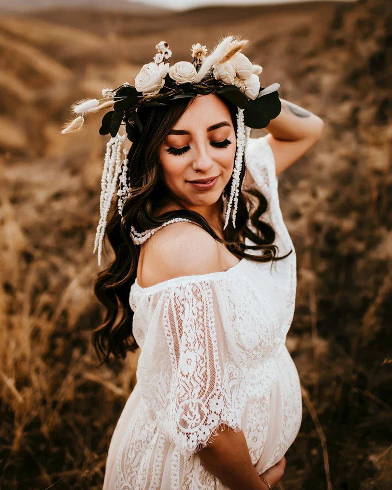 nvxiot - Maternity Photoshoot Dress Stylish Maternity Lace Maxi Dress with Off-Shoulder Design for Photography Sessions
