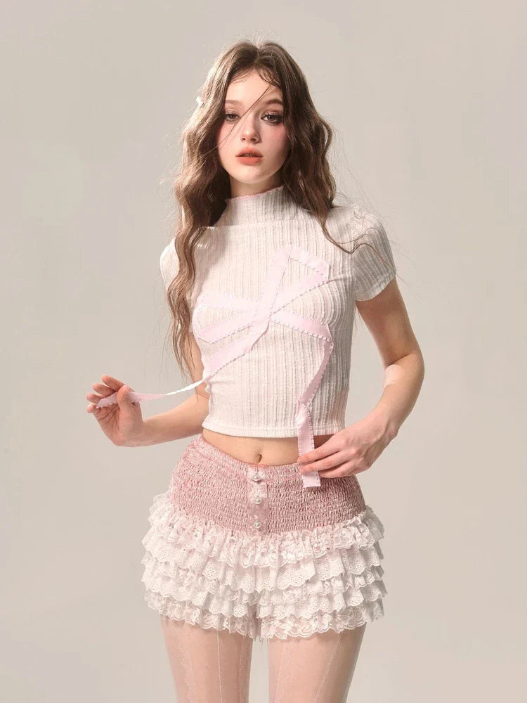 MQTIME - Pink Pearl Ruffles Shorts Skirts Women Kawaii A-line Shorts with Lace Ballet Cutecore Summer Sweet Girl Elastic Bottoms