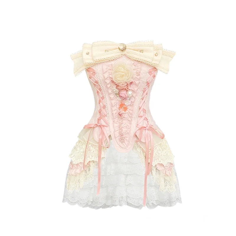 MQTIME - Bow Slash Neck Lace Up Pink Corset Crop Tops White Lace Patchwork Ruffled High Waist Shorts 2 Piece Sets Womens Outifits