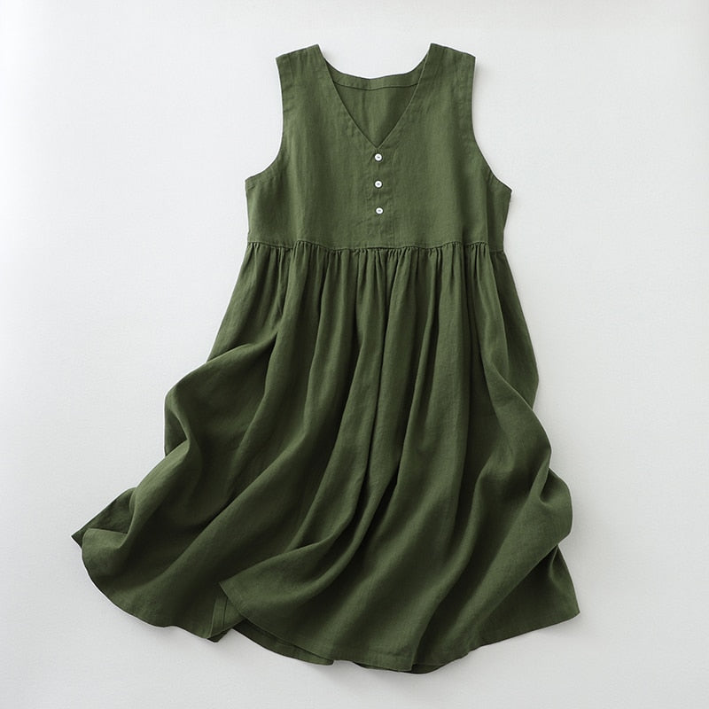 nvxiot V-Neck Vest Dress Japanese Style Loose Solid Cotton Linen Summer Dresses Sleeveless Women A-Line Vestidos Button U225