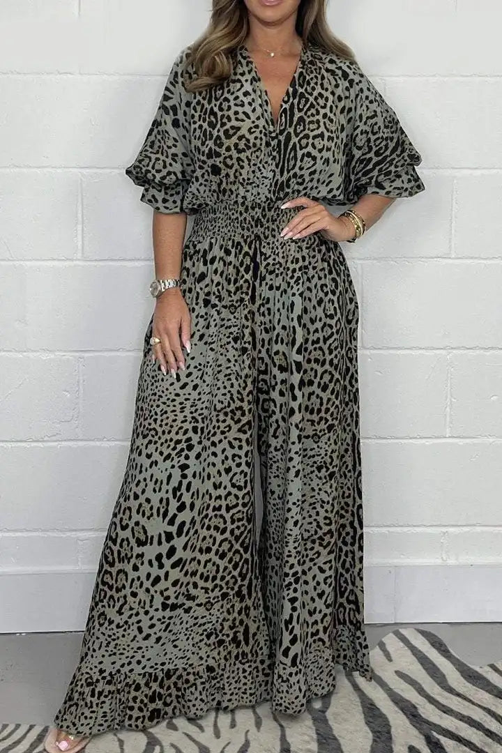 MQTIME - Leopard Print Casual loose Jumpsuits for Women Sexy Elegant Long Straight Pants Busineess Wide Leg Jumpsuit Dressy Party
