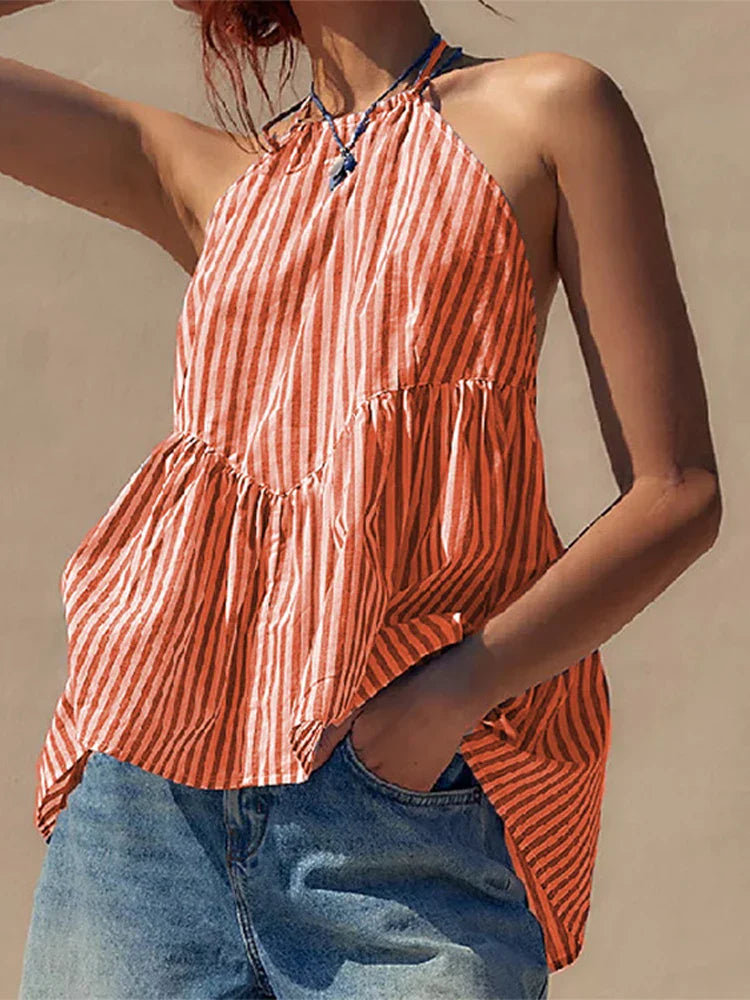 nvxiot - Striped Halterneck Tops Women 2024 Summer Sexy Straps Backless Shirts Blouses Female Casual Sleeveless Y2k Holiday Beachweaer